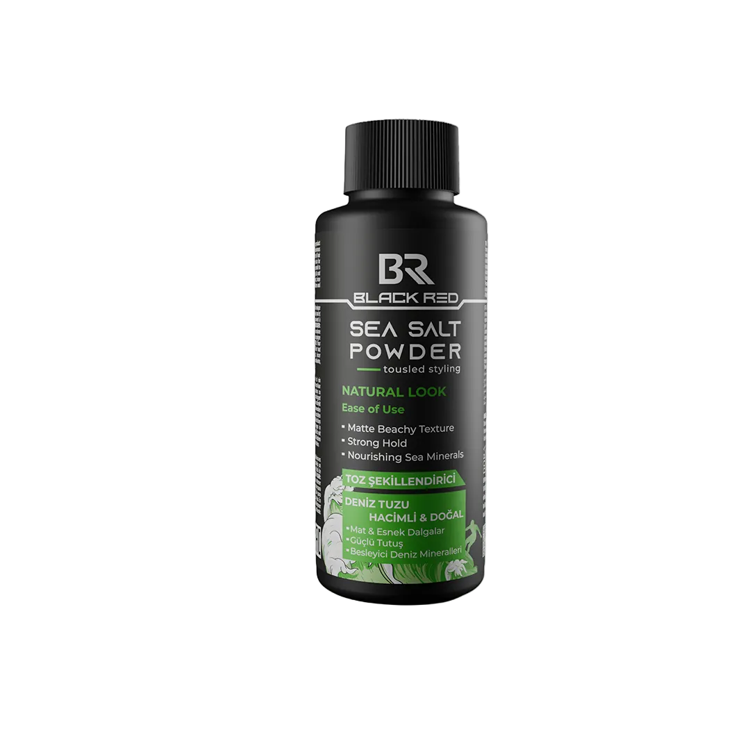 A black bottle of BR Black Red Sea Salt Powder (Hyalurated) with a black cap, centered on a white background.