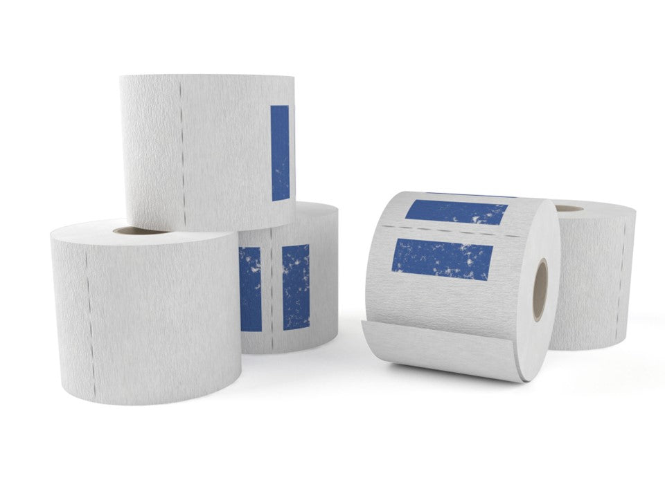Set of rolls with blue labels on a white background