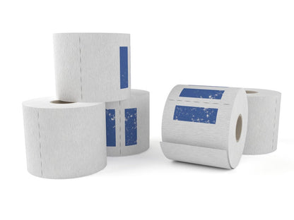 Set of rolls with blue labels on a white background