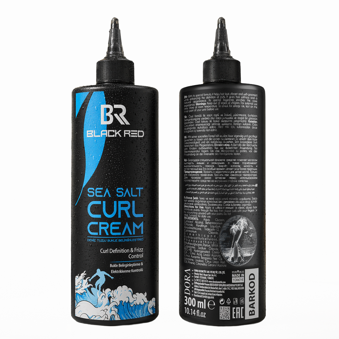 Black Red Sea Salt Curl Cream 300ml for curl definition and frizz control, front and back