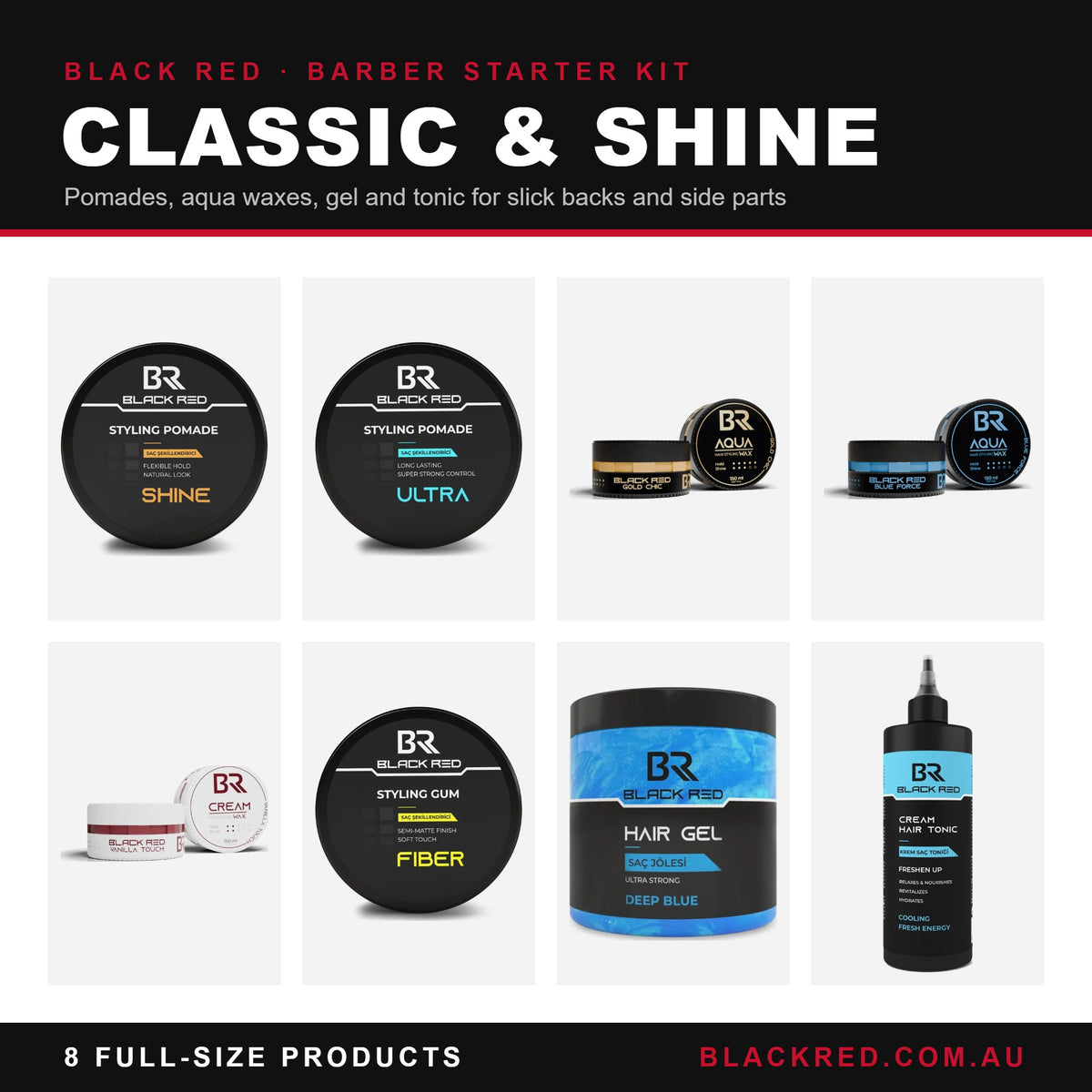Black Red Barber Starter Kit Classic & Shine with 8 pomades, waxes, gel and tonic