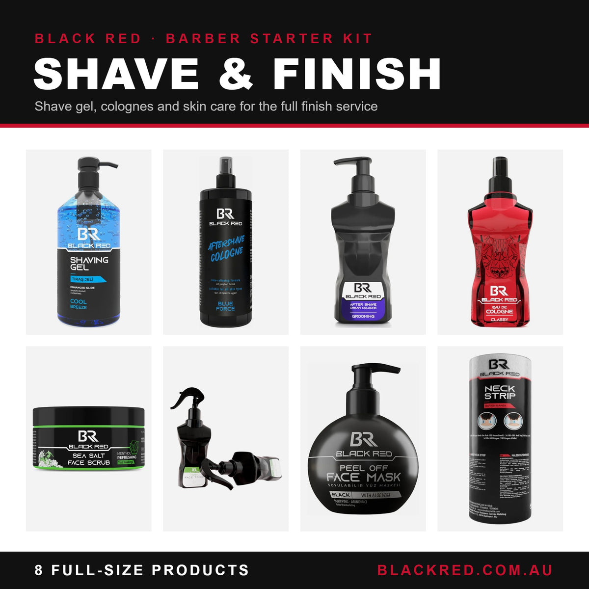 Black Red Barber Starter Kit Shave & Finish with shave gel, colognes, skin care and neck strips