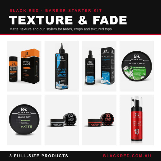 Black Red Barber Starter Kit Texture & Fade with 8 styling products including Sea Salt Curl Cream