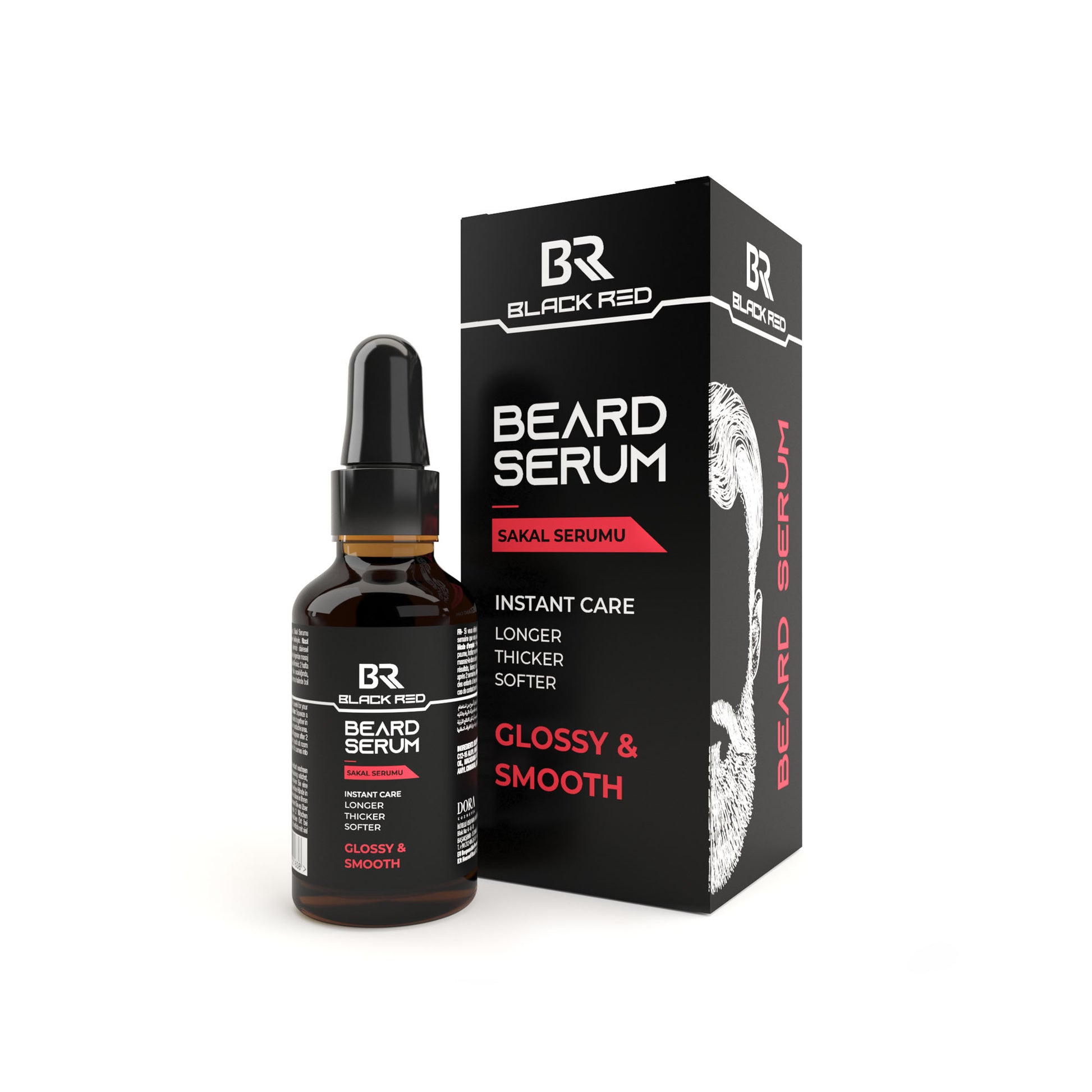 Black Red beard serum bottle and packaging on a white background